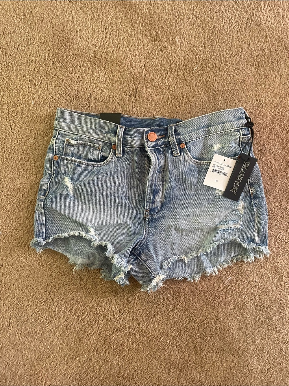 Blank NYC Washed Blue Distressed Frayed Hem Denim Shorts